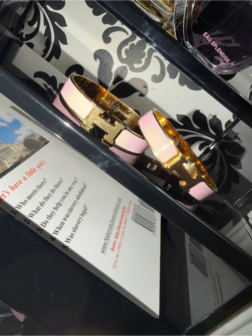 Gold-Tone Pink Enamel Hinged Bangle Bracelet